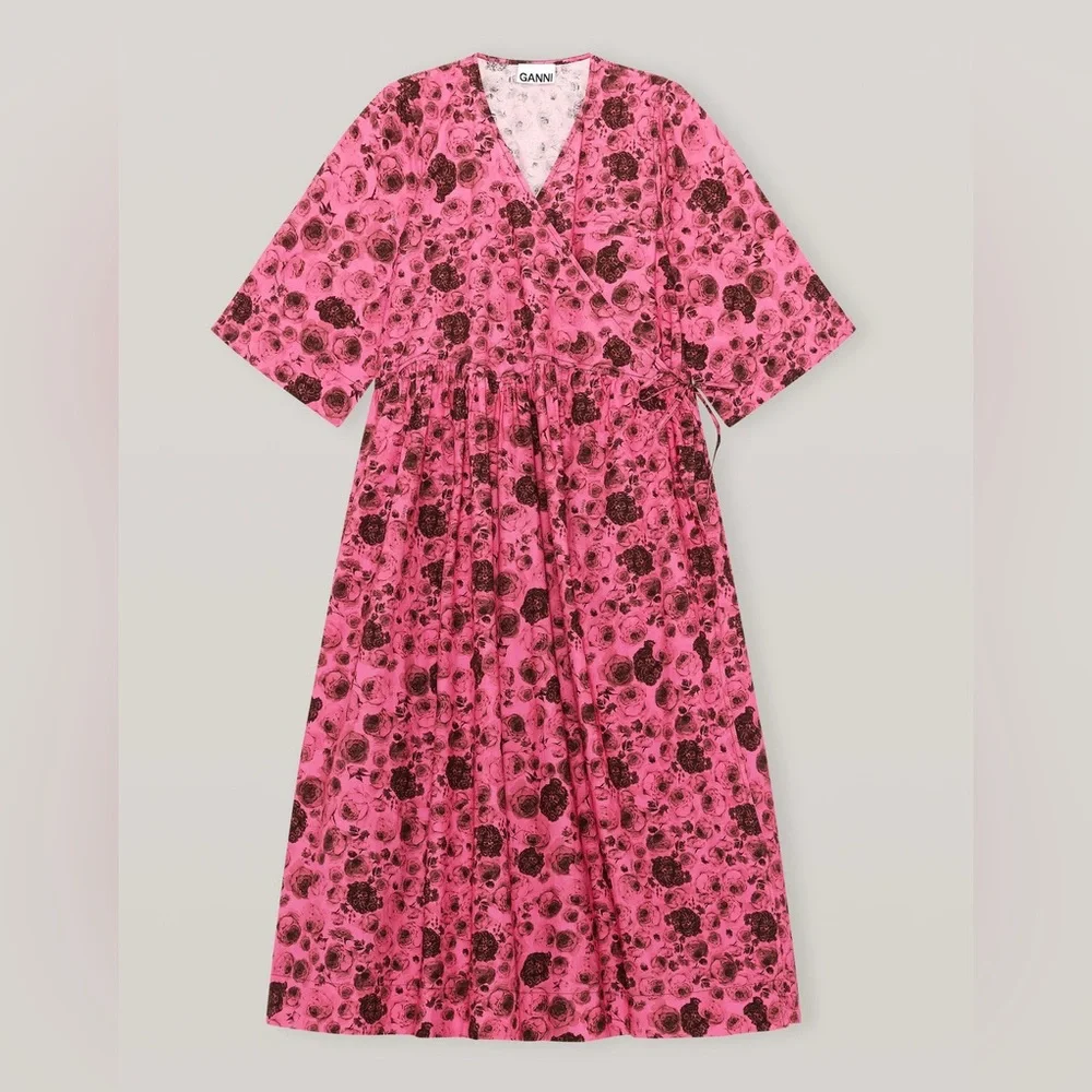 Ganni Rose Print Wrap Pink Dress - Picture 3 of 7
